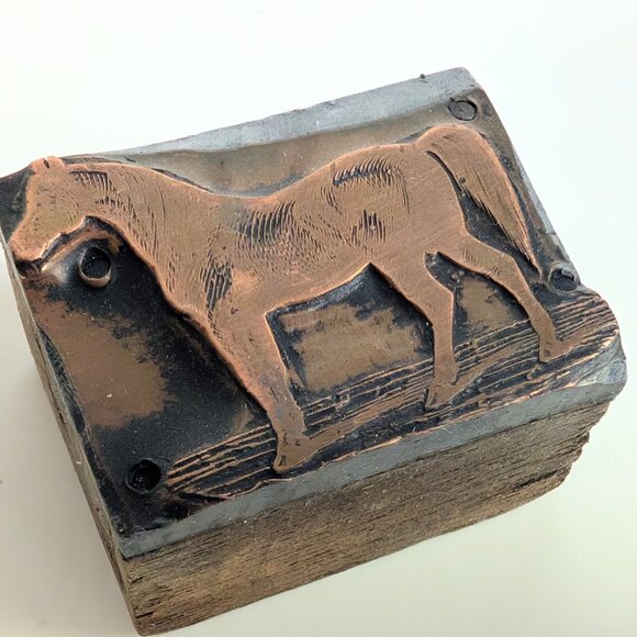 Lot of 3 Antique Copper & Wood Animals Letterpress Printers Blocks Horse Cow - Picture 3 of 9